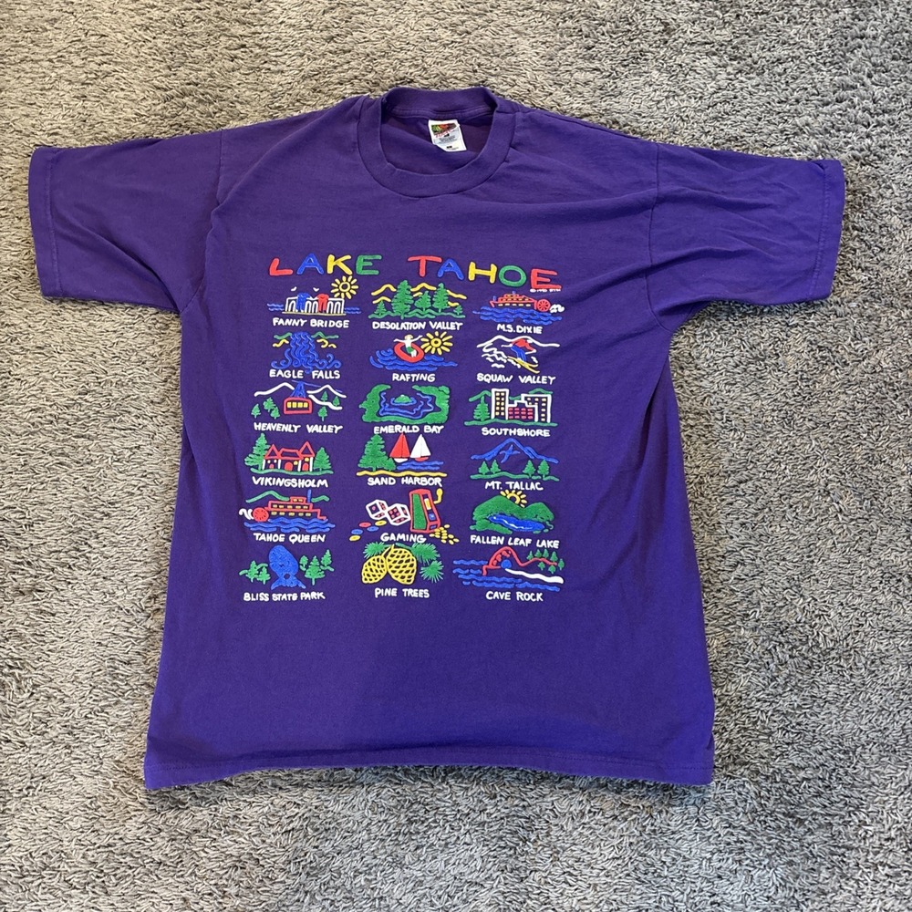 Vintage Lake Tahoe Tee T Shirt 1991 Adult Size Large L Purple Puff Print